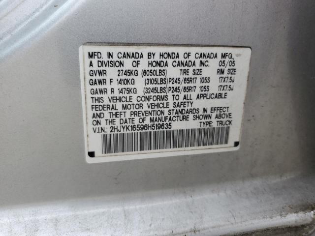 2HJYK16596H519635 - 2006 HONDA RIDGELINE RTL Srebrny zdjęcie 12