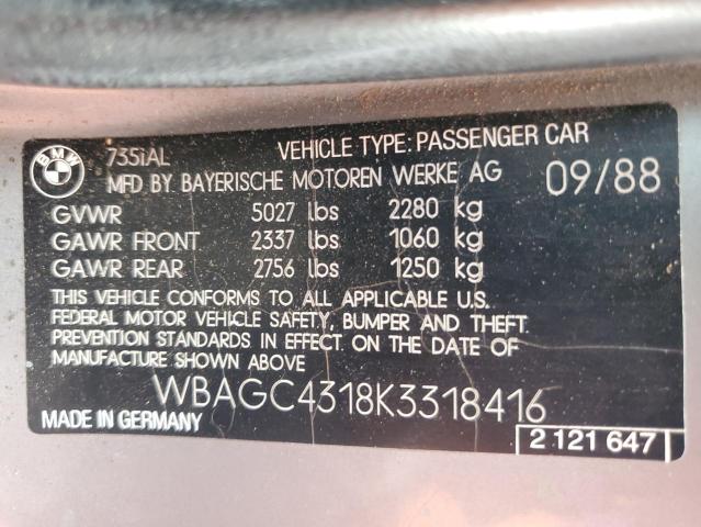WBAGC4318K3318416 - 1989 BMW 735IL IL GRAY photo 12