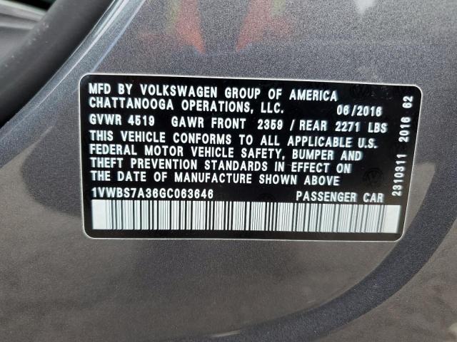 1VWBS7A36GC063646 - 2016 VOLKSWAGEN PASSAT SE Szary zdjęcie 12