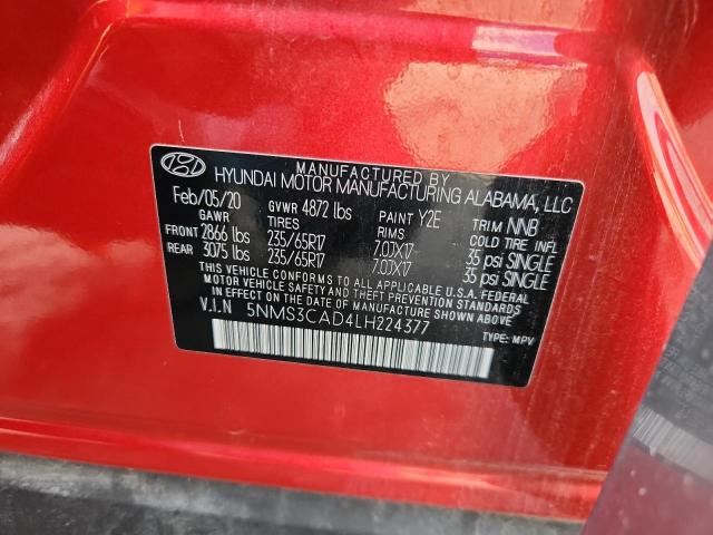5NMS3CAD4LH224377 - 2020 HYUNDAI SANTA FE SEL Qırmızı foto 12