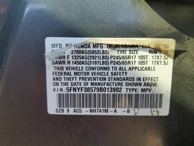 5FNYF38579B013992 - 2009 HONDA PILOT EXL GRAY photo 13