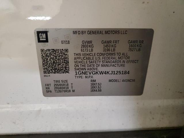 1GNEVGKW4KJ125184 - 2019 CHEVROLET TRAVERSE LT WHITE photo 13