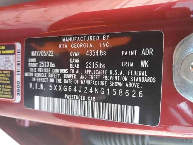 5XXG64J24NG158626 - 2022 KIA K5 GT LINE RED photo 12