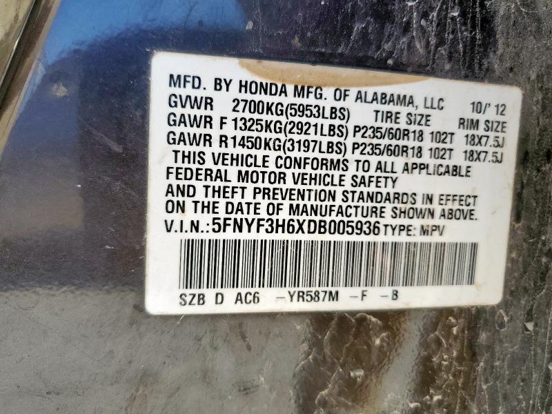 5FNYF3H6XDB005936 - 2013 HONDA PILOT EXL BROWN photo 13