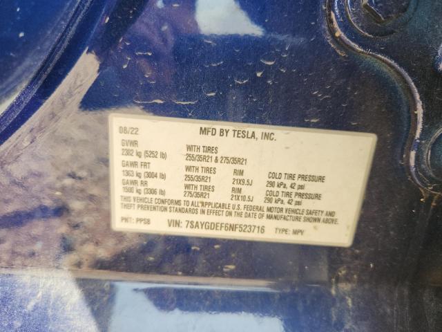 7SAYGDEF6NF523716 - 2022 TESLA MODEL Y BLUE photo 13