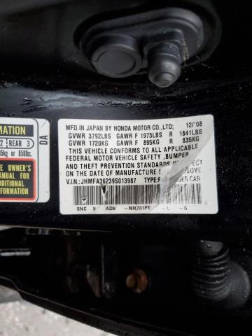 JHMFA36239S013987 - 2009 HONDA CIVIC HYBRID BLACK photo 13