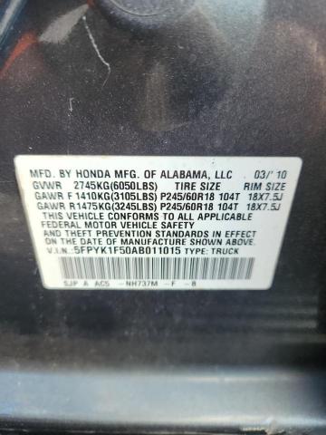 5FPYK1F50AB011015 - 2010 HONDA RIDGELINE RTL GRAY photo 12