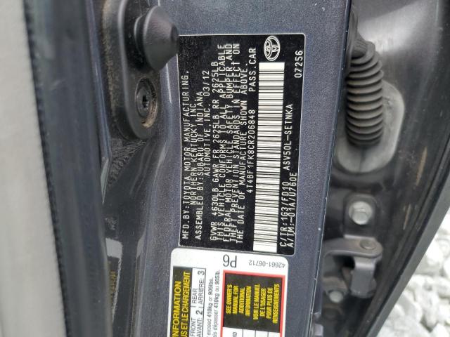 4T4BF1FK8CR206848 - 2012 TOYOTA CAMRY BASE GRAY photo 12