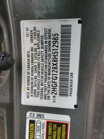 2HGFG128X8H512985 - 2008 HONDA CIVIC EX SILVER photo 12