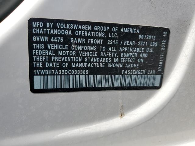 1VWBH7A32DC033389 - 2013 VOLKSWAGEN PASSAT SE WHITE photo 12