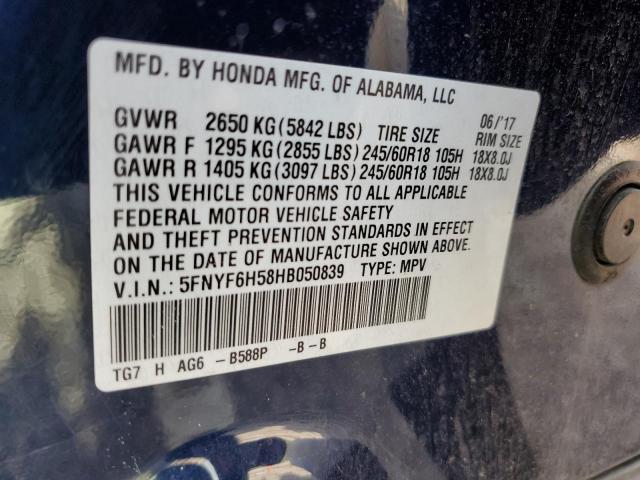 5FNYF6H58HB050839 - 2017 HONDA PILOT EXL BLUE photo 14