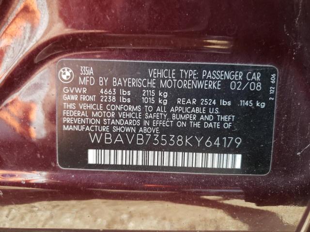 WBAVB73538KY64179 - 2008 BMW 335 I BURGUNDY photo 12