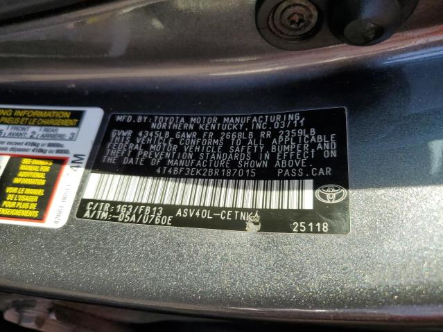 4T4BF3EK2BR187015 - 2011 TOYOTA CAMRY BASE 石墨色 照片 12