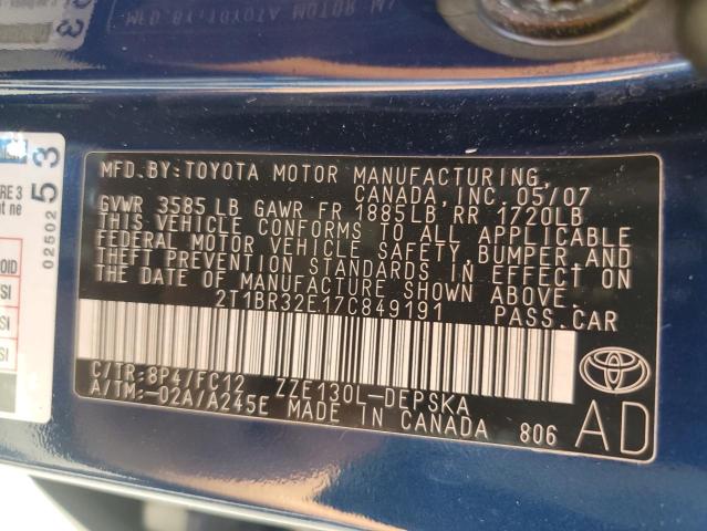 2T1BR32E17C849191 - 2007 TOYOTA COROLLA CE BLUE photo 13