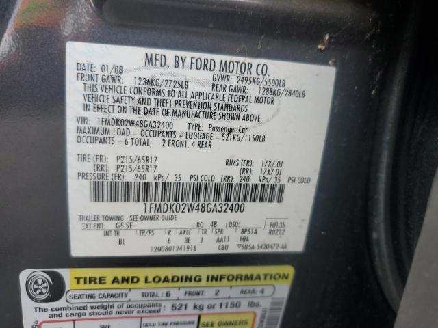 1FMDK02W48GA32400 - 2008 FORD TAURUS X SEL GRAY photo 12