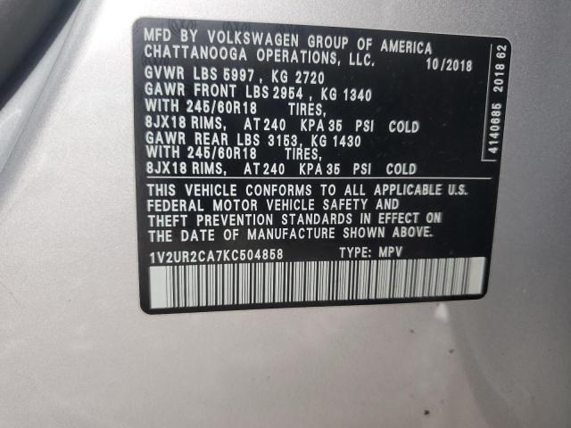 1V2UR2CA7KC504858 - 2019 VOLKSWAGEN ATLAS SE ვერცხლისფერი ფოტო 13
