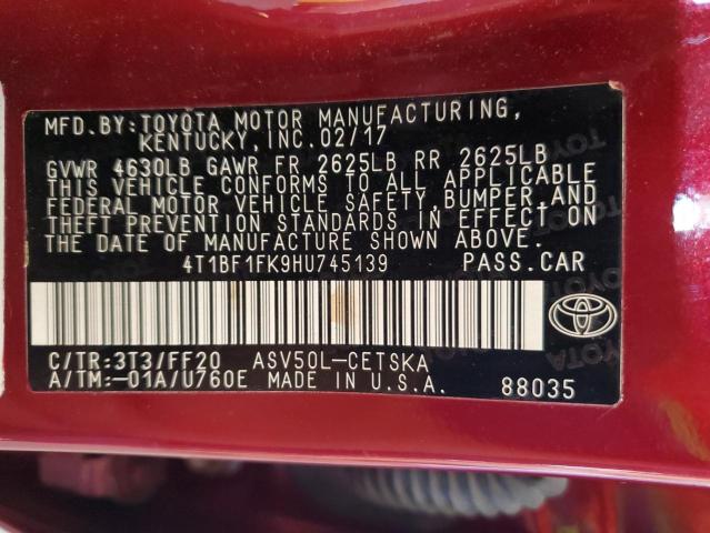4T1BF1FK9HU745139 - 2017 TOYOTA CAMRY LE RED photo 12