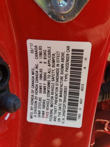 2HGFC2F79HH528551 - 2017 HONDA CIVIC EX RED photo 12