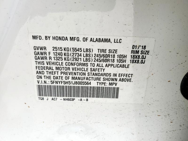 5FNYF5H51JB005564 - 2018 HONDA PILOT EXL 白色 照片 13