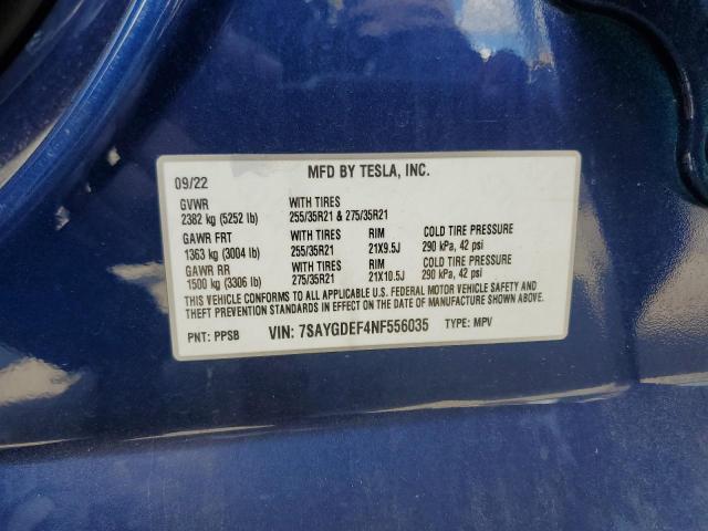 7SAYGDEF4NF556035 - 2022 TESLA MODEL Y 蓝色 照片 13