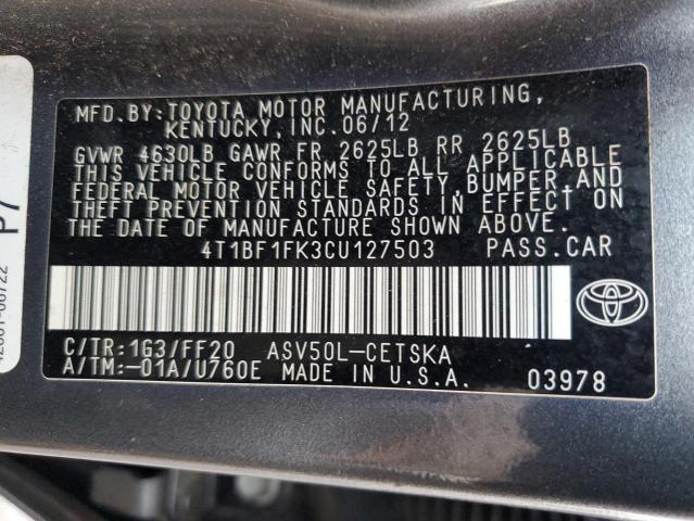 4T1BF1FK3CU127503 - 2012 TOYOTA CAMRY BASE Մոխրագույն լուսանկար 13