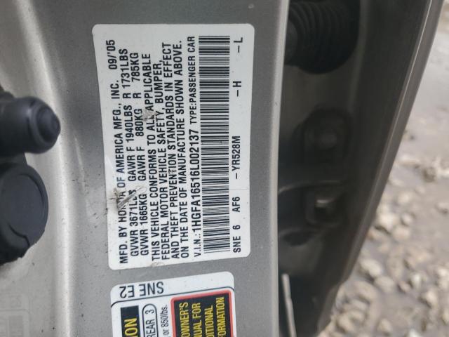 1HGFA16516L002137 - 2006 HONDA CIVIC LX GOLD photo 12