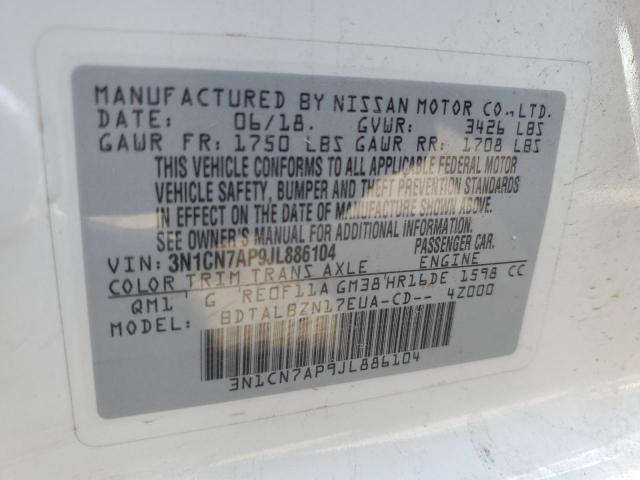 3N1CN7AP9JL886104 - 2018 NISSAN VERSA S WHITE photo 13