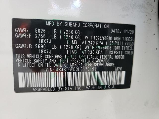 4S4BTGPD3L3173494 - 2020 SUBARU OUTBACK TOURING LDL Սպիտակ լուսանկար 13