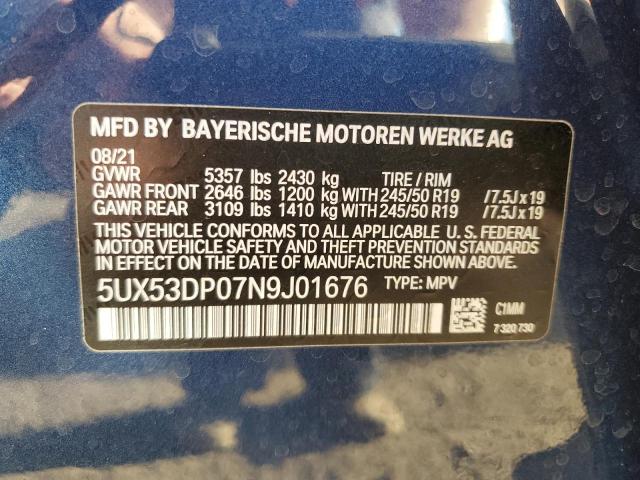 5UX53DP07N9J01676 - 2022 BMW X3 XDRIVE30I BLUE photo 12