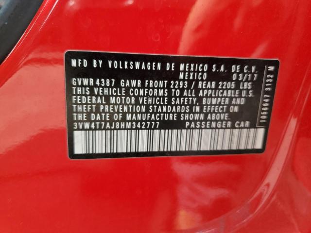 3VW4T7AJ8HM342777 - 2017 VOLKSWAGEN JETTA GLI RED photo 12