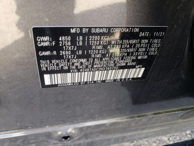 4S4BTADC2N3160750 - 2022 SUBARU OUTBACK PREMIUM CHARCOAL photo 12