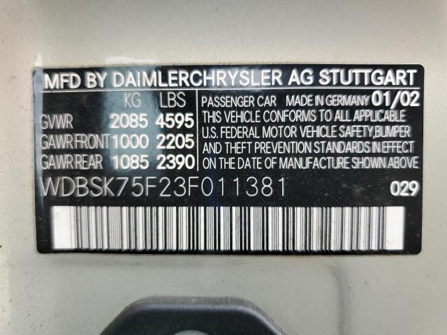 WDBSK75F23F011381 - 2003 MERCEDES-BENZ SL 500R BEIGE photo 12