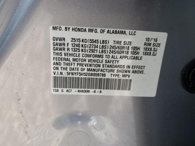 5FNYF5H52GB059786 - 2016 HONDA PILOT EXL SILVER photo 13