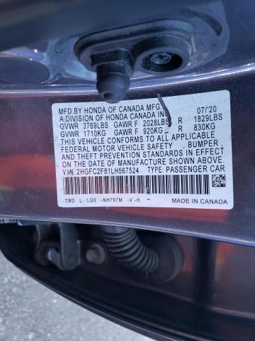 2HGFC2F81LH567524 - 2020 HONDA CIVIC SPORT 灰色 照片 12