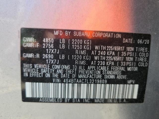 4S4BTAAC7L3219809 - 2020 SUBARU OUTBACK SILVER photo 14