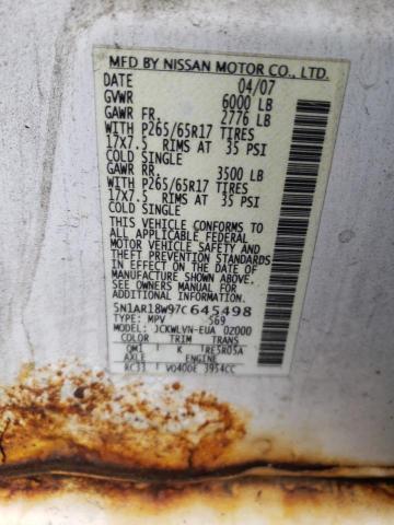 5N1AR18W97C645498 - 2007 NISSAN PATHFINDER LE 白色 照片 12