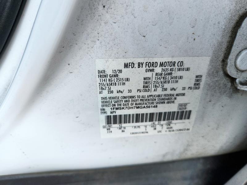 1FMSK7DH7MGA56148 - 2021 FORD EXPLORER XLT თეთრი ფოტო 12