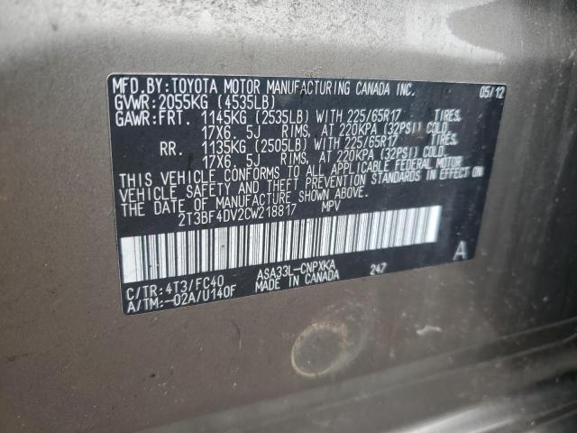 2T3BF4DV2CW218817 - 2012 TOYOTA RAV4 BROWN photo 12