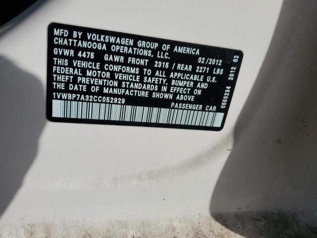 1VWBP7A32CC052929 - 2012 VOLKSWAGEN PASSAT SE თეთრი ფოტო 12