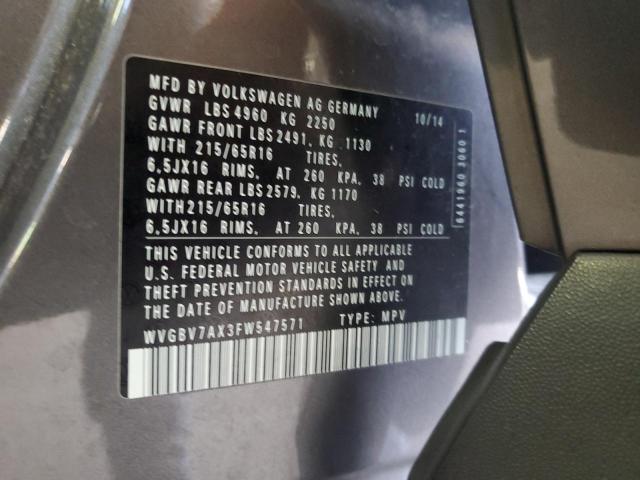WVGBV7AX3FW547571 - 2015 VOLKSWAGEN TIGUAN S GRAY photo 13