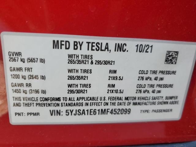 5YJSA1E61MF452099 - 2021 TESLA MODEL S 红色 照片 13