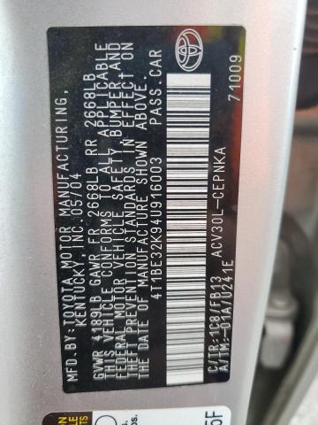 4T1BE32K94U916003 - 2004 TOYOTA CAMRY LE 银色 照片 12