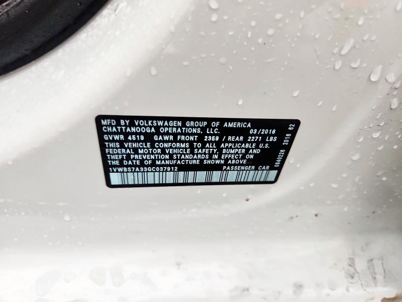 1VWBS7A33GC037912 - 2016 VOLKSWAGEN PASSAT SE WHITE photo 13