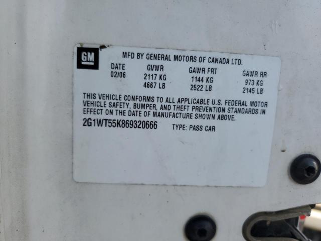 2G1WT55K869320666 - 2006 CHEVROLET IMPALA LT WHITE photo 12