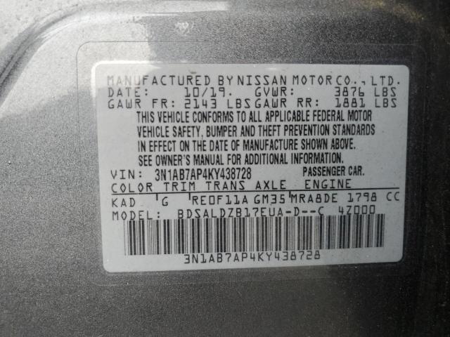 3N1AB7AP4KY438728 - 2019 NISSAN SENTRA S GRAY photo 12