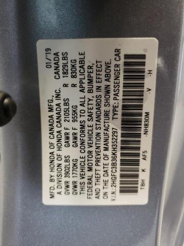 2HGFC3B36KH352297 - 2019 HONDA CIVIC EX SILVER photo 12