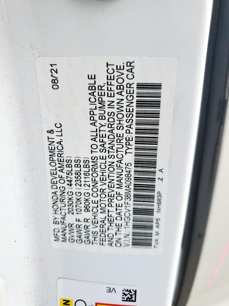 1HGCV1F38MA098475 - 2021 HONDA ACCORD SPORT თეთრი ფოტო 12