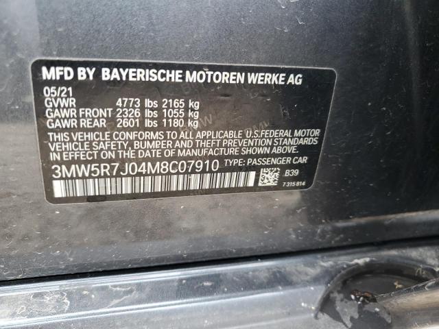 3MW5R7J04M8C07910 - 2021 BMW 330XI CHARCOAL photo 12