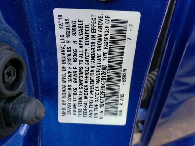 19XFC2F80KE012668 - 2019 HONDA CIVIC SPORT Mavi foto 12