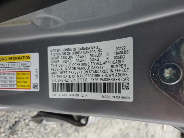 2HGFE2F53NH577538 - 2022 HONDA CIVIC SPORT SILVER photo 13